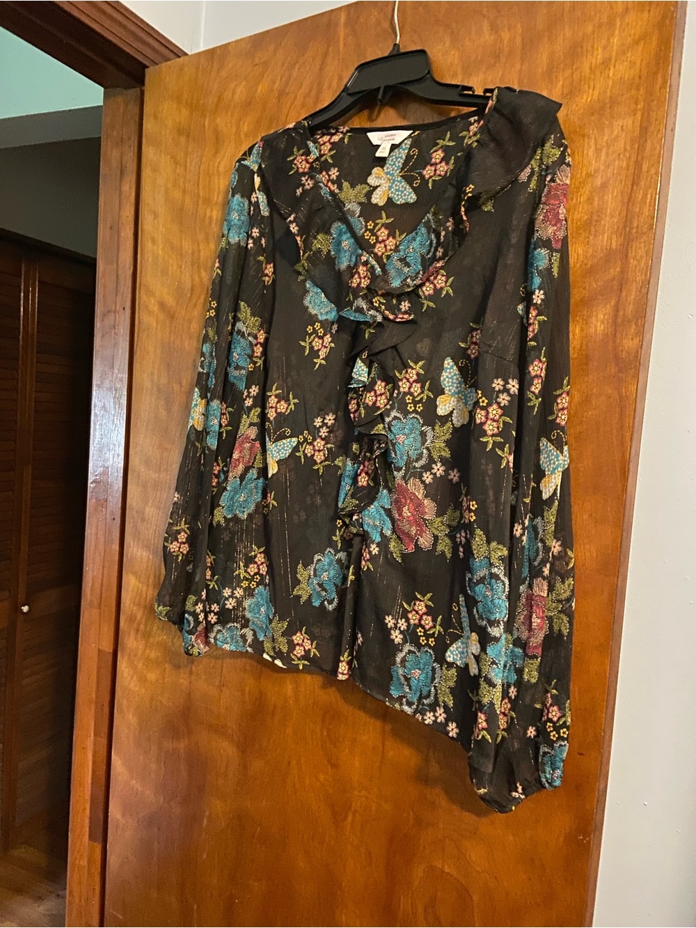 LC Lauren Conrad Black Floral Ruffle Blouse with Teal & Pink Accents